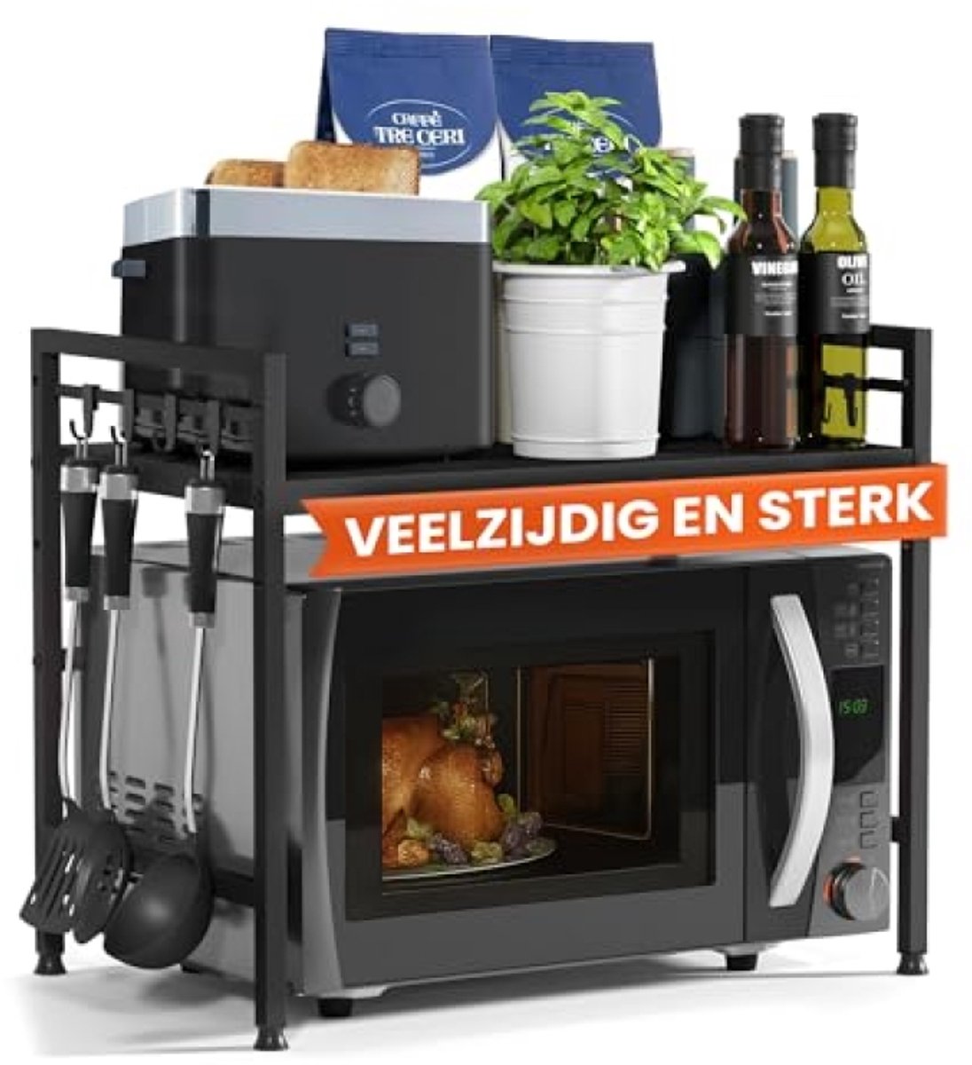 Verstelbaar keukenrek voor magnetron - 2-lags staalconstructie met haken