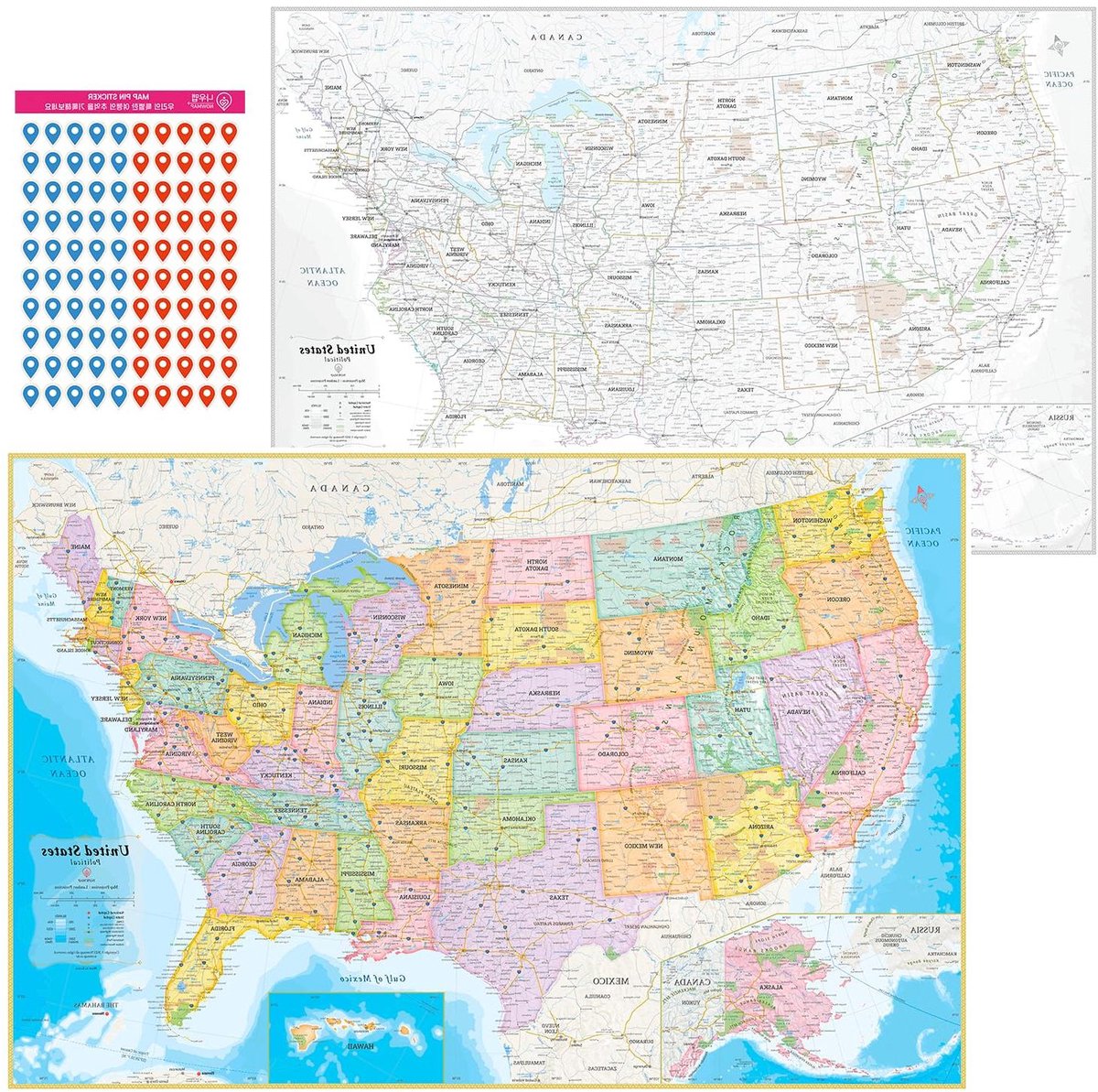 Waterproof USA Poster - Amerika Kaart - Klasversiering Educatief - Dubbelzijdig Bedrukt - 91 x 61 cm - Meerdere Kleuren