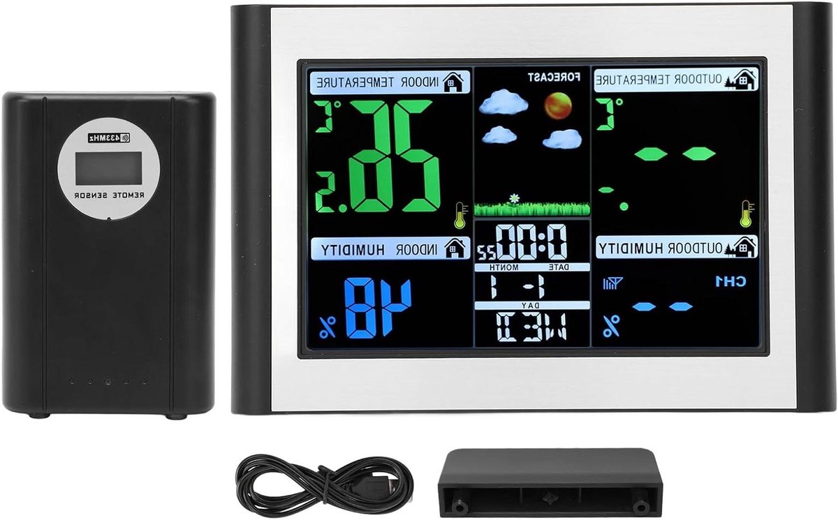 Weerstation Kleurenscherm - Weerklok Digitaal - Weersvoorspelling Thuis - Atoomklok Tijdsynchronisatie - 28 x 14 x 4 cm - Zwart