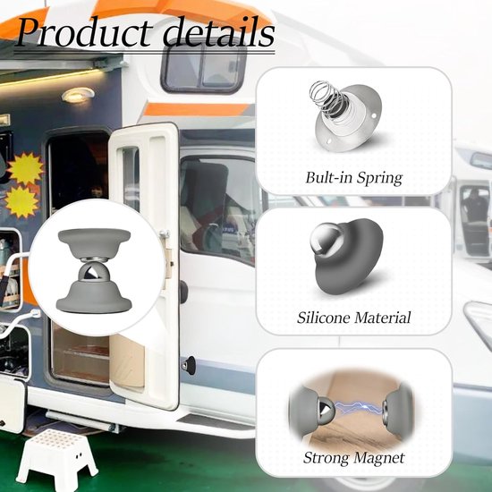 Magnetische Deurhouders - Deurvangers Camper - Deur Open Houden - Stil Design met Veer - 2 Stuks - Grijs