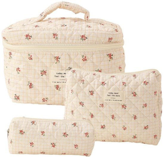Set van 3 Make-up Tasjes Gewatteerd Bloemen Katoen – Grote Capaciteit Esthetische Cosmetische Tas & Toilettas voor Vrouwen – Reistas Organizer met Ritssluiting -Kleine bloem met ruitjespatroon, 3-delige set [groot + middel + klein]