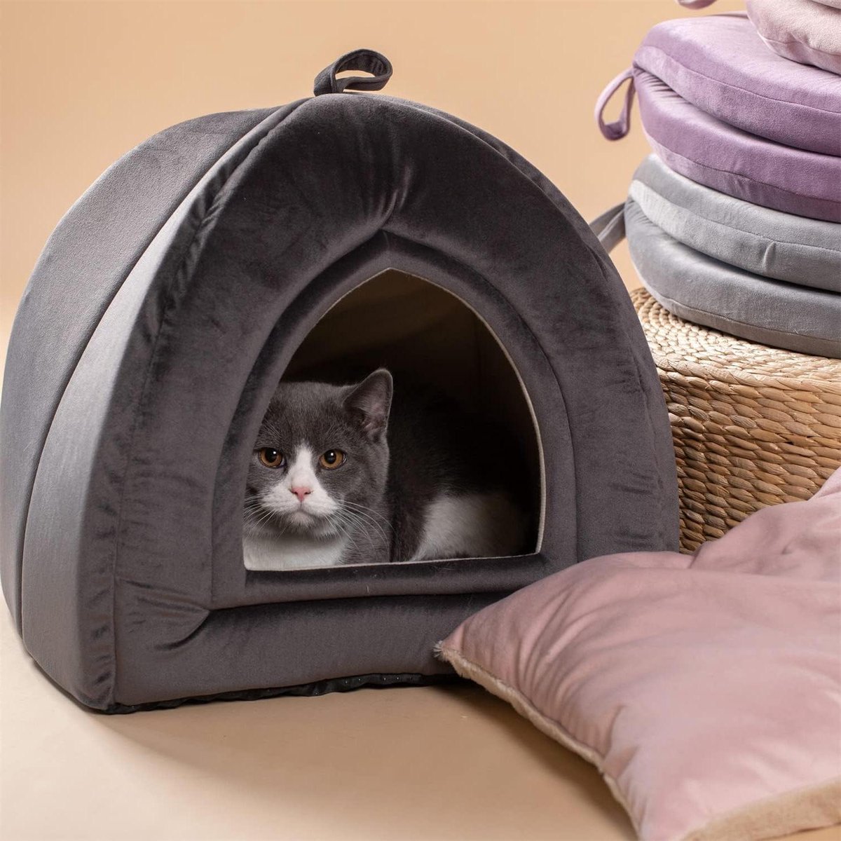 Kattenbed Huis - Dierengrot Tent - Comfortabel Rusten - Afneembaar Kussen - 19 x 19 x 19 cm - Donkergrijs