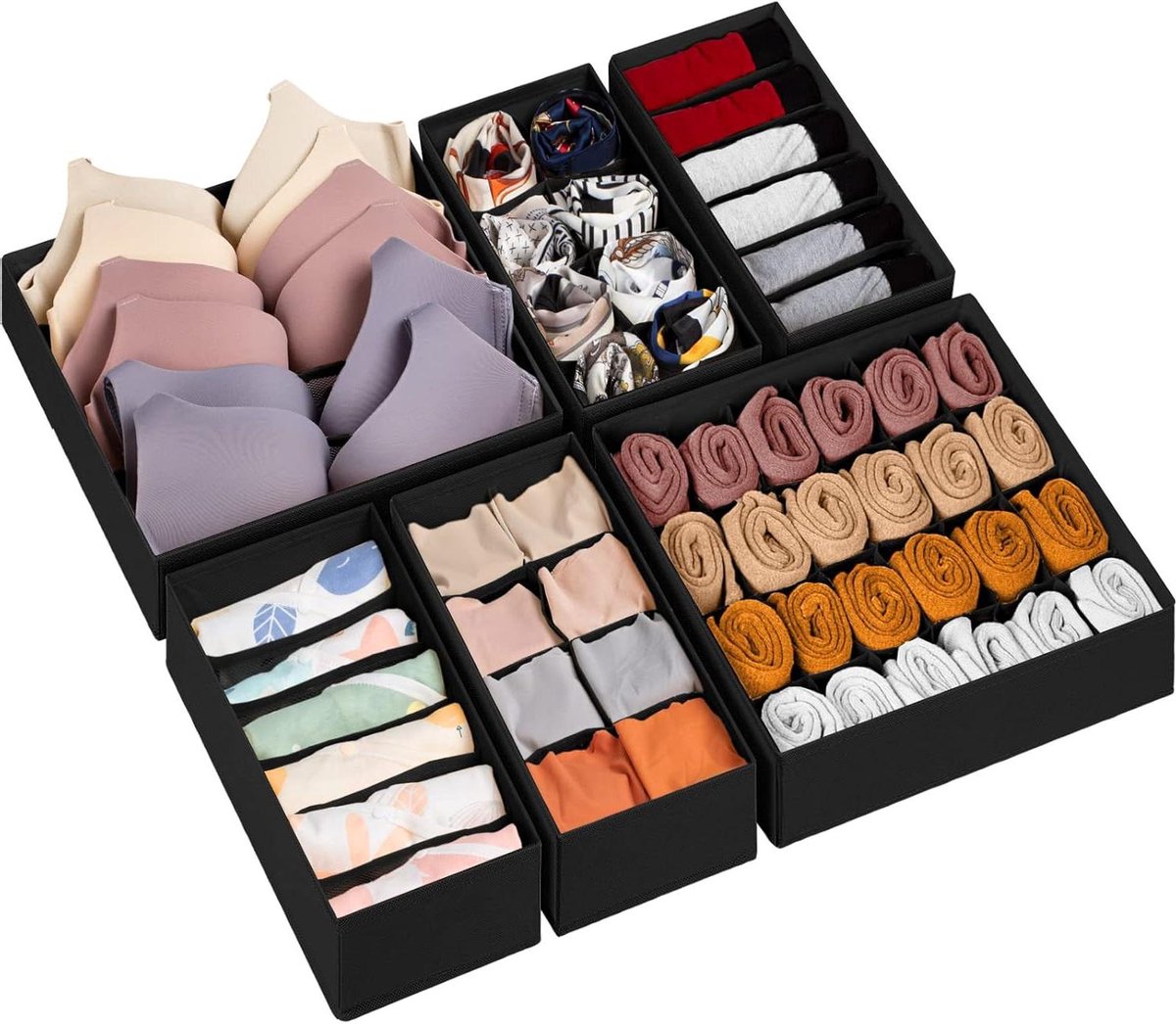 Lade Organizers - Opbergbakken Kleding - Kleding Sorteren - 58 Compartimenten - 6 stuks - Zwart