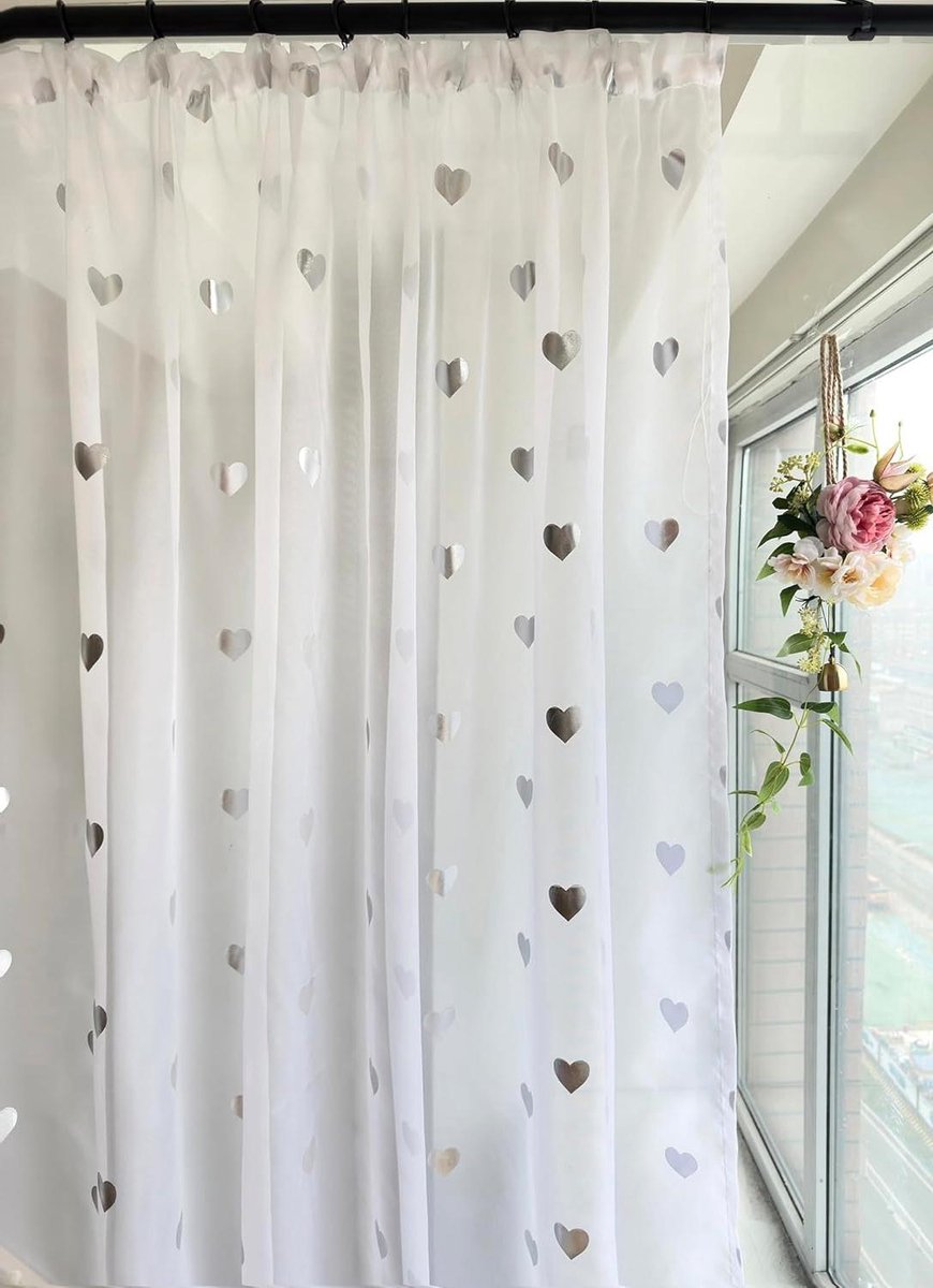 Gordijn met glansprint - Voile gordijn sterren - Kinderkamer decoratie - Hartvormig glanspatroon - 175 x 140 cm - Wit