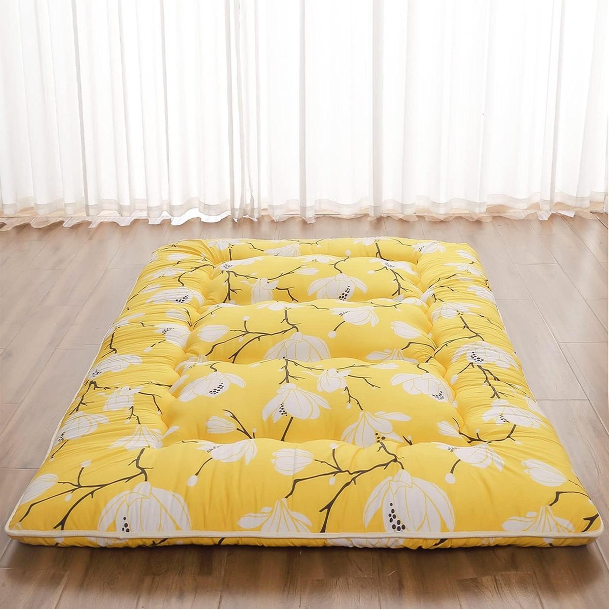 Japanse Vloermatras - Futonmatras Tatami - Flexibel Slapen - Met Traagschuim - Queen 152x203 cm - Gele Bloem