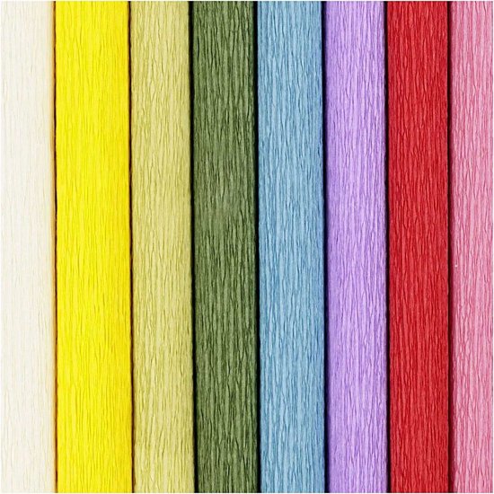 8 rollen crêpepapier in crèmekleur, geel, lichtgroen, donkergroen, lichtblauw, paars, rood en roze.