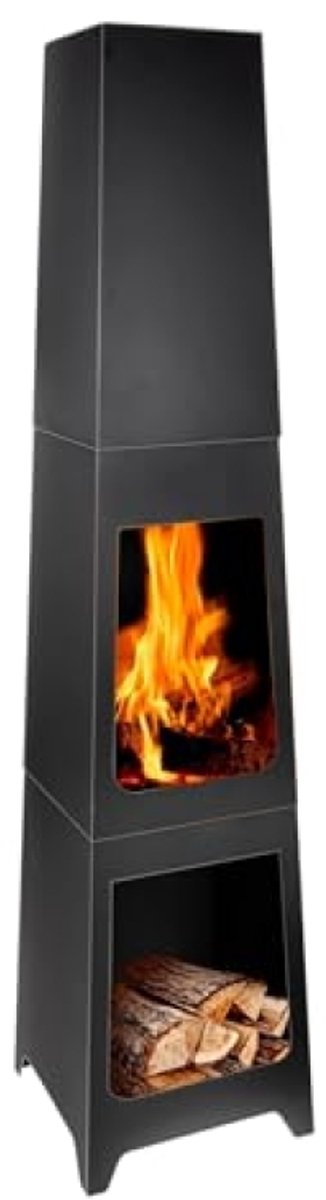 Zwarte Terrashaard met Aslade en Houtopslag - 150 cm hoog - Carbon Staal