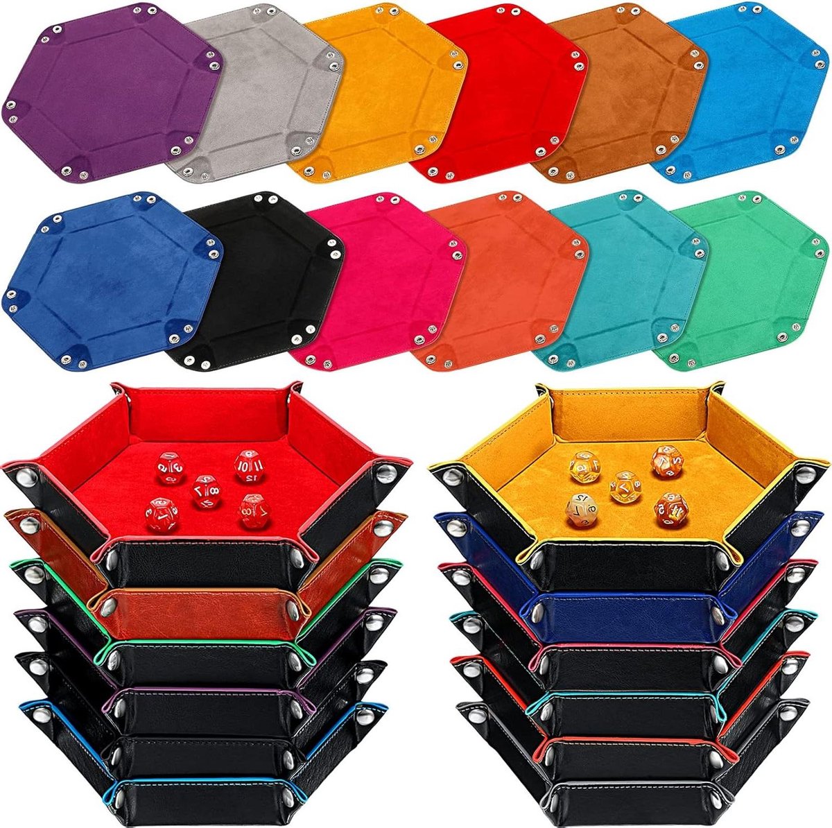 Dobbelstenen Tray Set - Dobbelspel Mat - Tafelspellen Spelen - Opvouwbaar met Drukknopen - 20 cm Diagonaal - 12 Kleuren