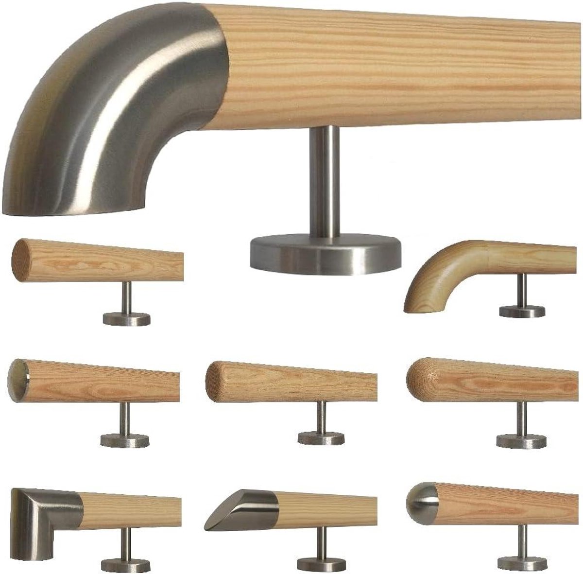 Houten Trapleuning - Handgreep Hout - Veilig Traplopen - Roestvrijstalen Eindstuk - 140 cm - Niet Van Toepassing