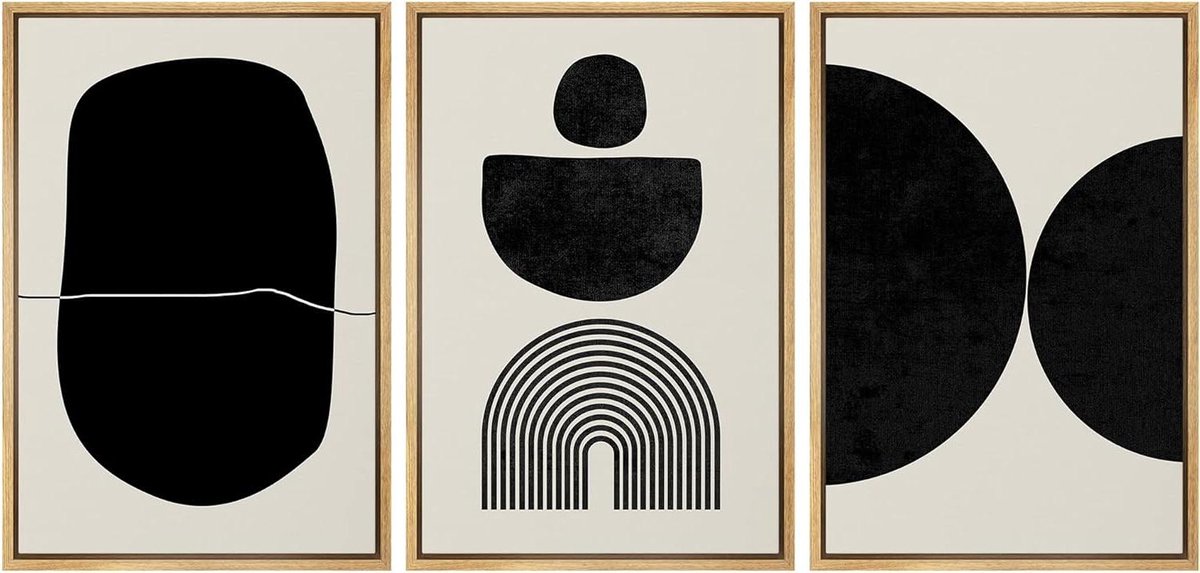 Canvas Kunstset - Wanddecoratie Set - Woonkamer Inrichten - Abstracte Vormen - 3x 16x24 inch - Zwart Wit