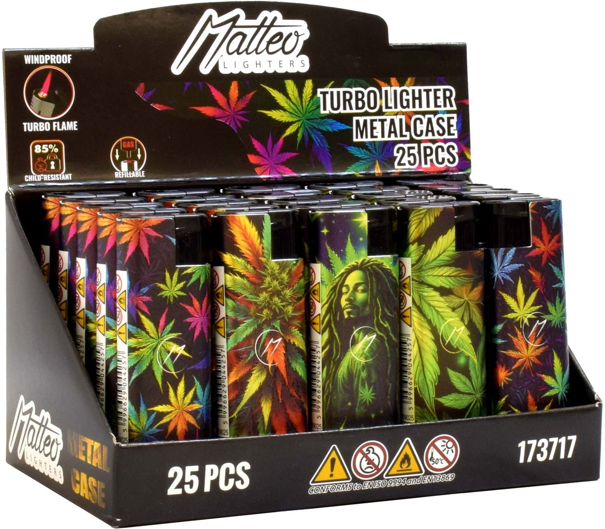 Matteo Metal Case JetFlame Navulbare Turbo Aanstekers - Neon Rasta Cannabis - 3D print - Display 25 stuks