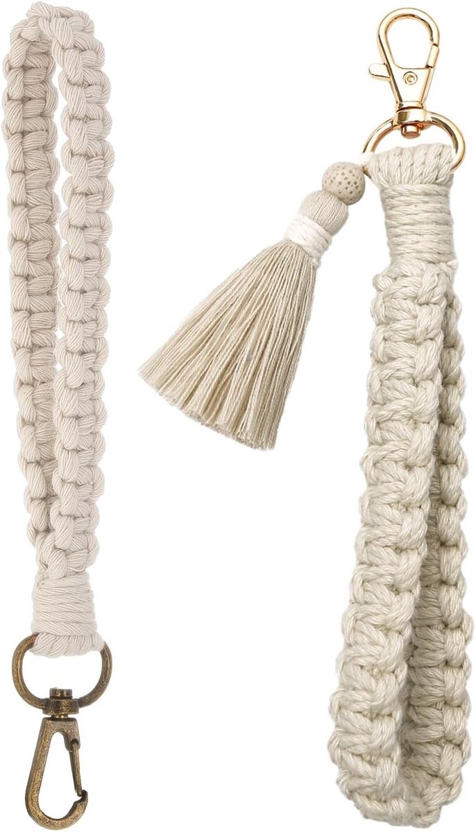 Boho Stijl Sleutelhangers met Vlechtwerk, Korte Lanyard Sleutelhanger, Auto Sleutelhanger met Kwastje, Wit, One Size, Trendy Accessoire voor Sleutels en Tassen