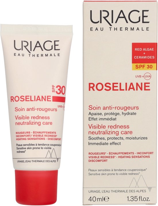 Uriage Roseliane anti-roodheid crème SPF 30. Beschermt, kalmeert, hydrateert direct. Gevoelige huid met neiging tot roodheid.