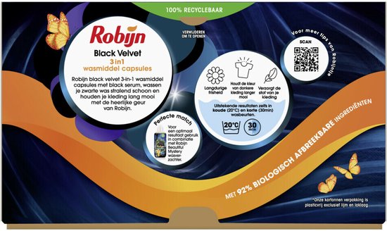 Robijn black velvet 3-in-1 wasmiddel capsules met zwart serum, wassen je zwart was stralend schoon en houden je kleding lang mooi met heerlijke geur.
