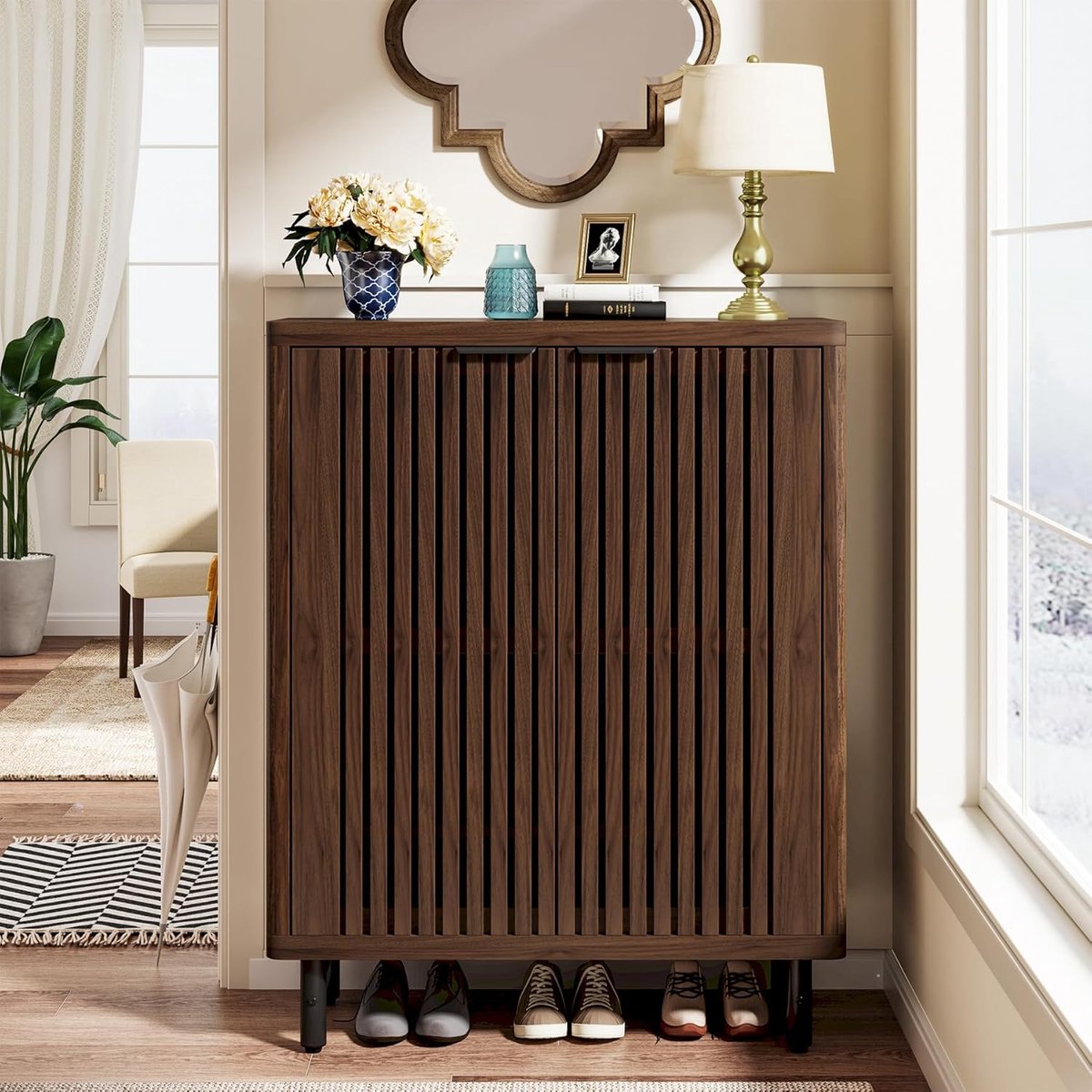 Schoenenkast 6-Laags – Grote Retro Schoenenkast met Deuren & Verstelbare Planken – Donkerbruin – 85 x 35 x 110 cm – Hal Opbergkast voor 24 Paar Schoenen – House&Garden