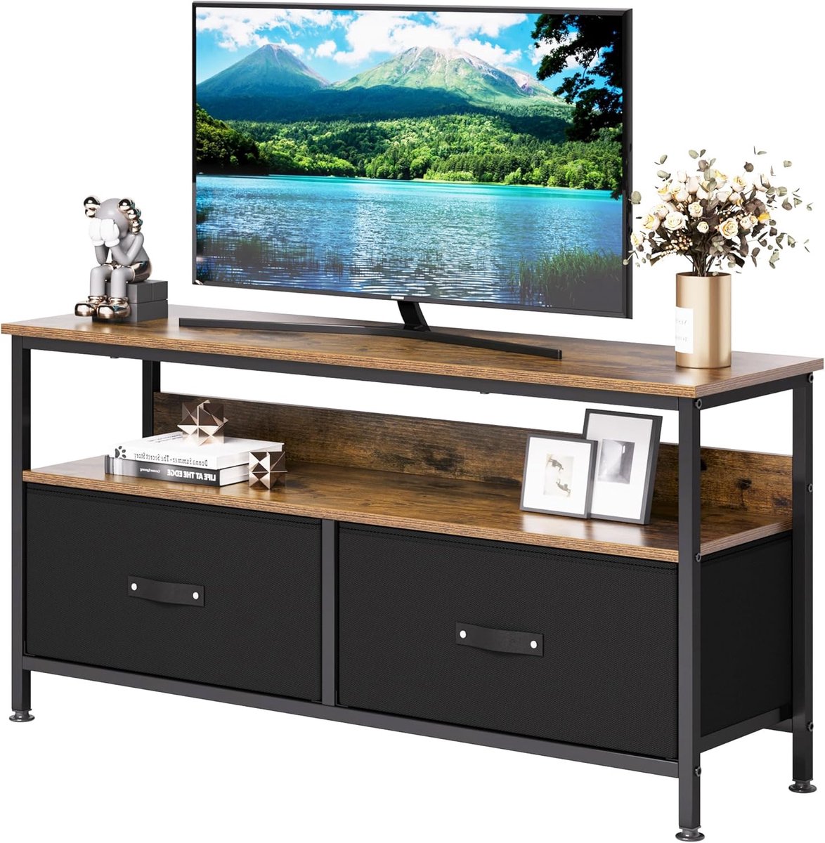TV-meubel-laag kastje- tv-bank- houten tv-meubel- tv-standaard met 2 lades en planken- tv-