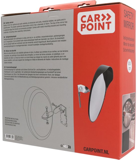 Emballage d'un miroir de sécurité Carpoint avec instructions et images du miroir.