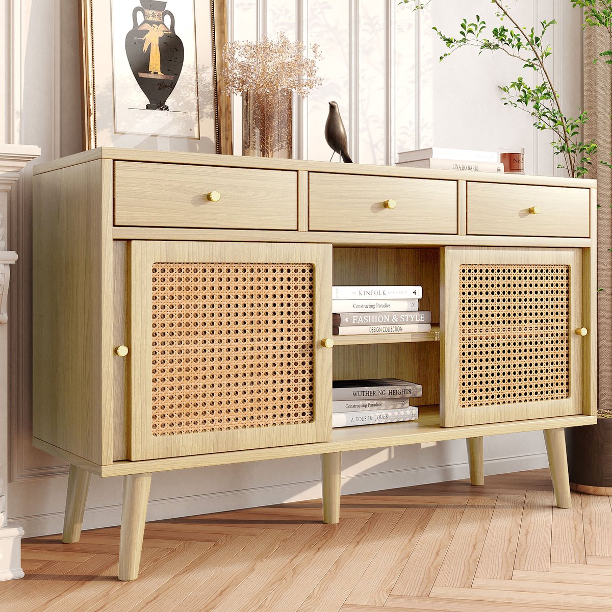 REDOM - Sideboard met 3 laden en 3 deuren - Verstelbare legplanken - Bodemstaand - Retro stijl - Woonkamer - MDF - Eiken - 120 x 40 x 78 cm