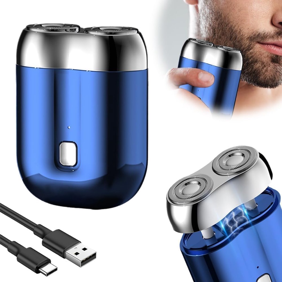 Mini elektrisch scheerapparaat met dubbele kop - Zakmodel - Wasbaar scheerapparaat met dubbele kop - Alleen voor mannen - Oplaadbaar compact - Blauw