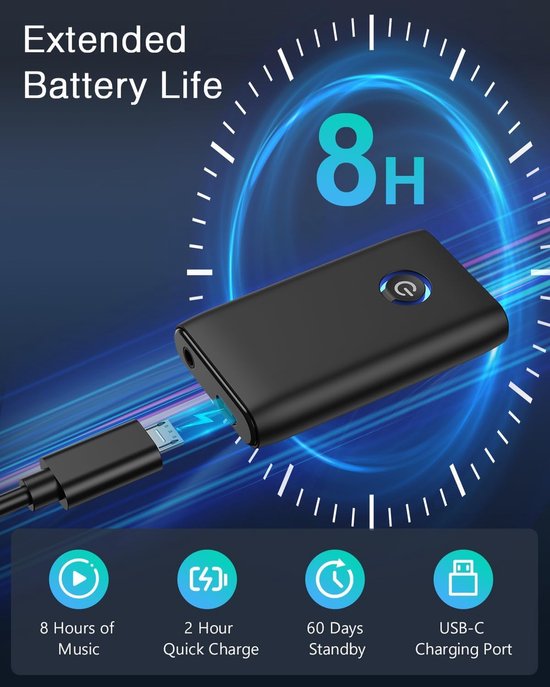 Aux Bluetooth adapter - ontvanger Bluetooth 5.3 zender - 2 in 1 Bluetooth adapter, geschikt voor auto's, luidsprekers, stereosystemen en hoofdtelefoon, handsfree bellen, USB-opladen — afbeelding 2