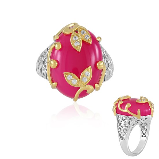 Cavill - Elegante Ovale Damesring 925 Sterling Zilver - 12,15 ct Framboos Chalcedoon & 0,153 ct Zirkonia Pave - Rhodium Afwerking - Stijlvol Sieraad
