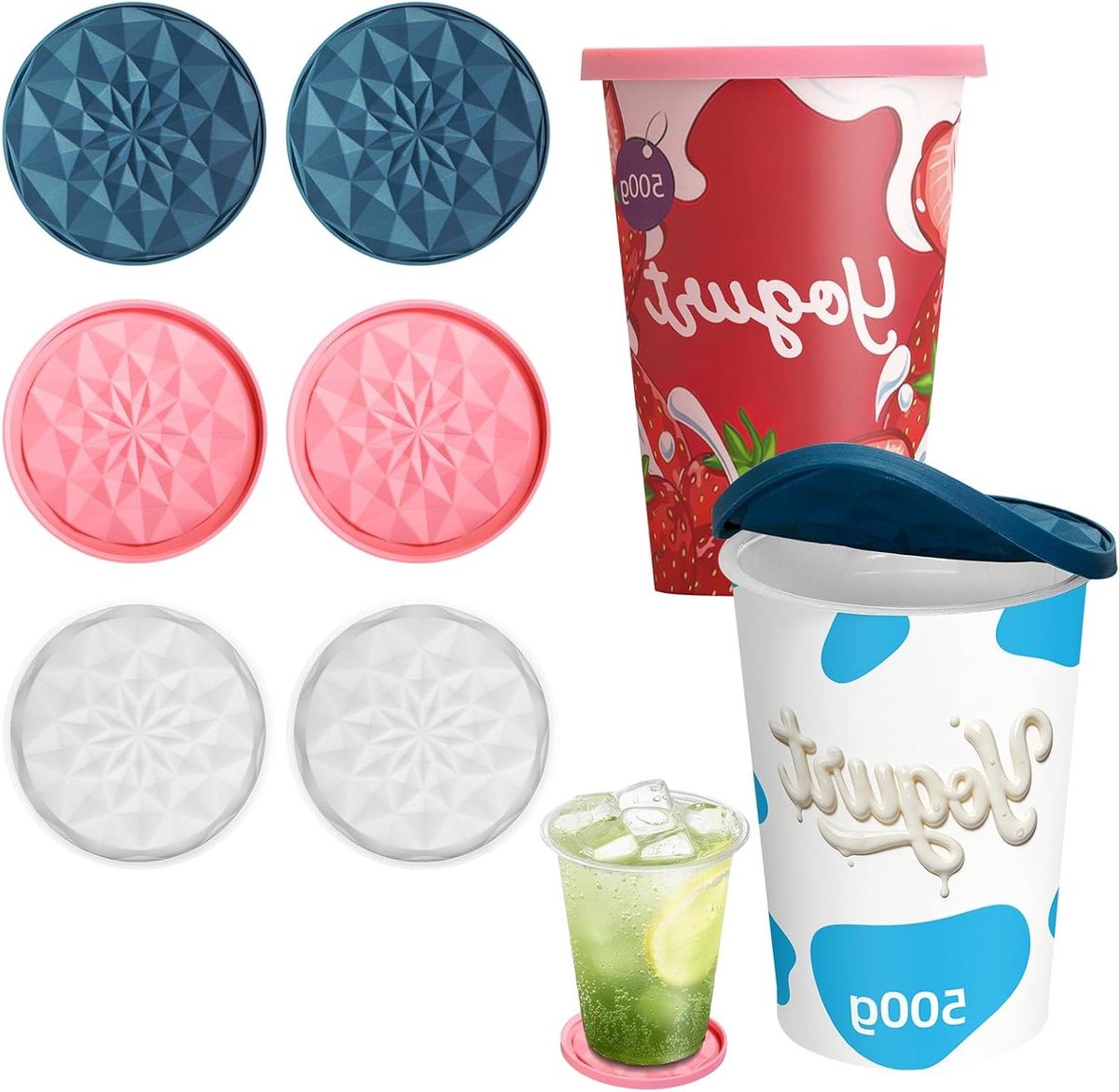 Yoghurt deksels - Silicone deksels - Keuken organiseren - Omkeerbaar ontwerp - 6 stuks - Mix