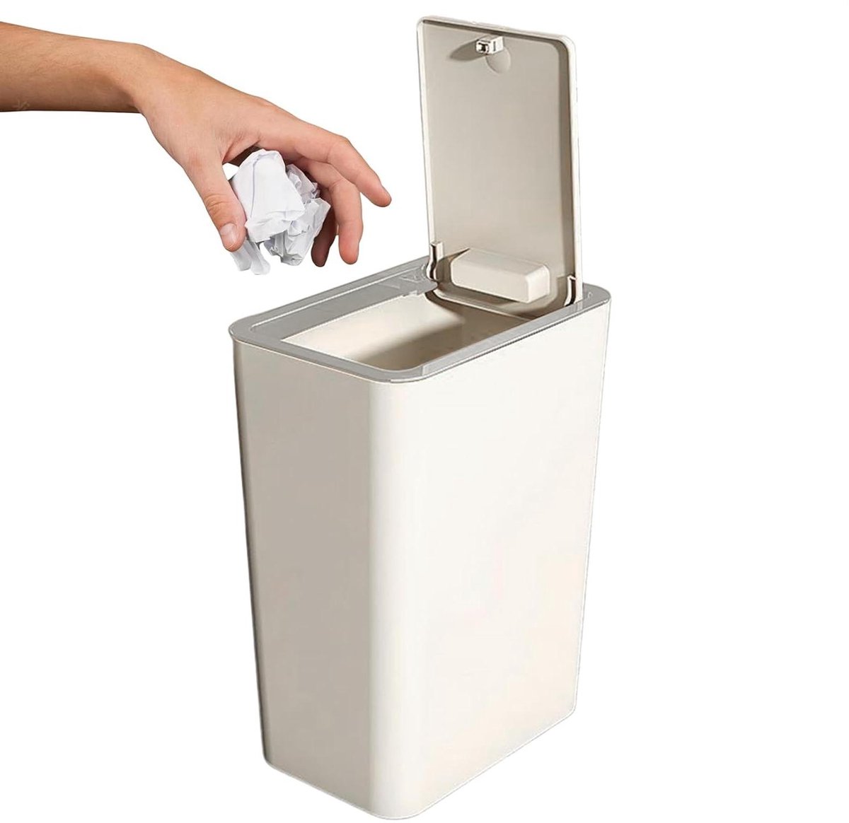 Prullenbak Met Deksel - Smalle Afvalbak - Afval Verzamelen - Drukknop Deksel - 10 Liter - Wit