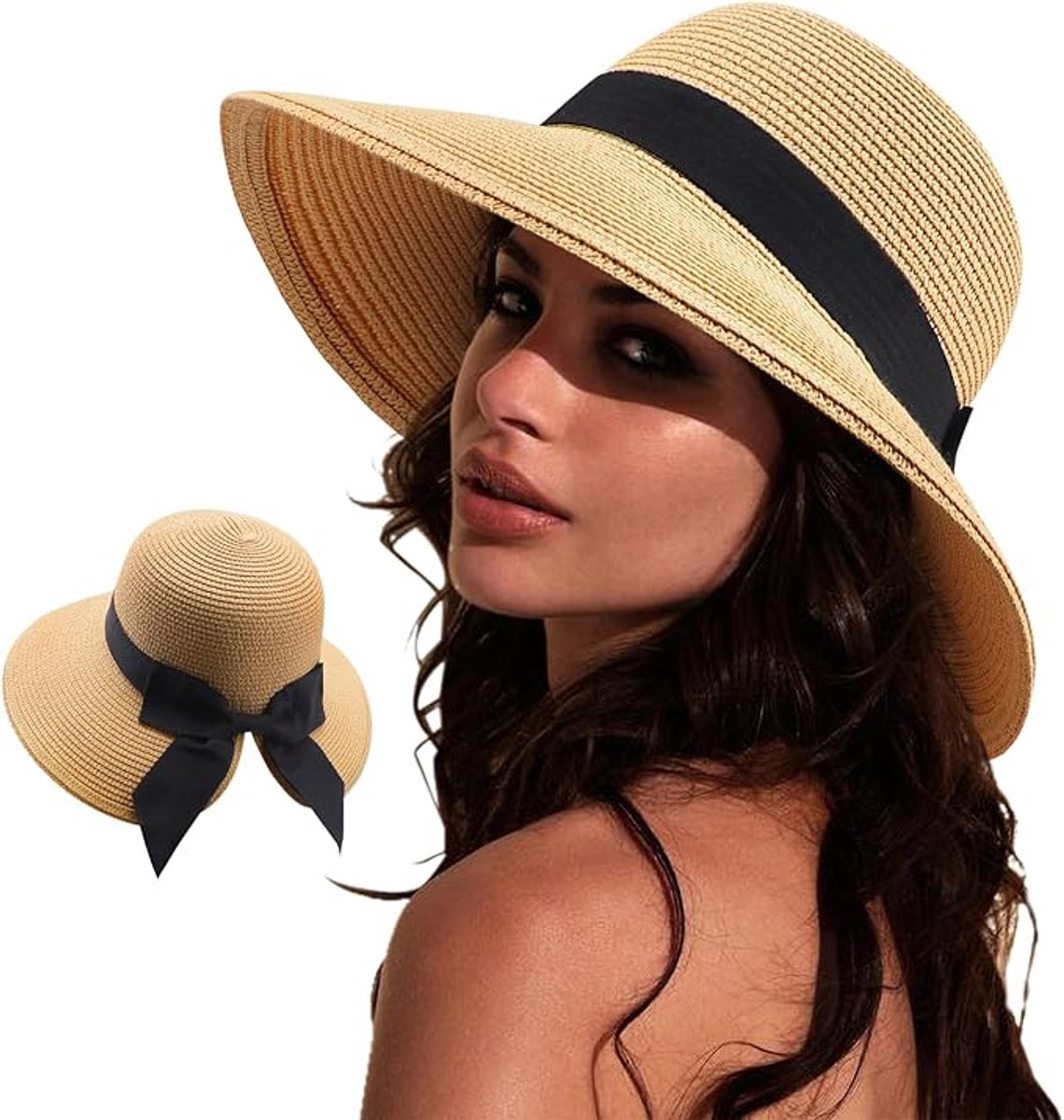 VHV - Hoed - Zonnehoed - Zonnehoed dames - Zonnehoed met strik voor dames - Brede rand - Opvouwbare strandhoed voor de zomer - Strohoed met brede rand en strik - Khaki