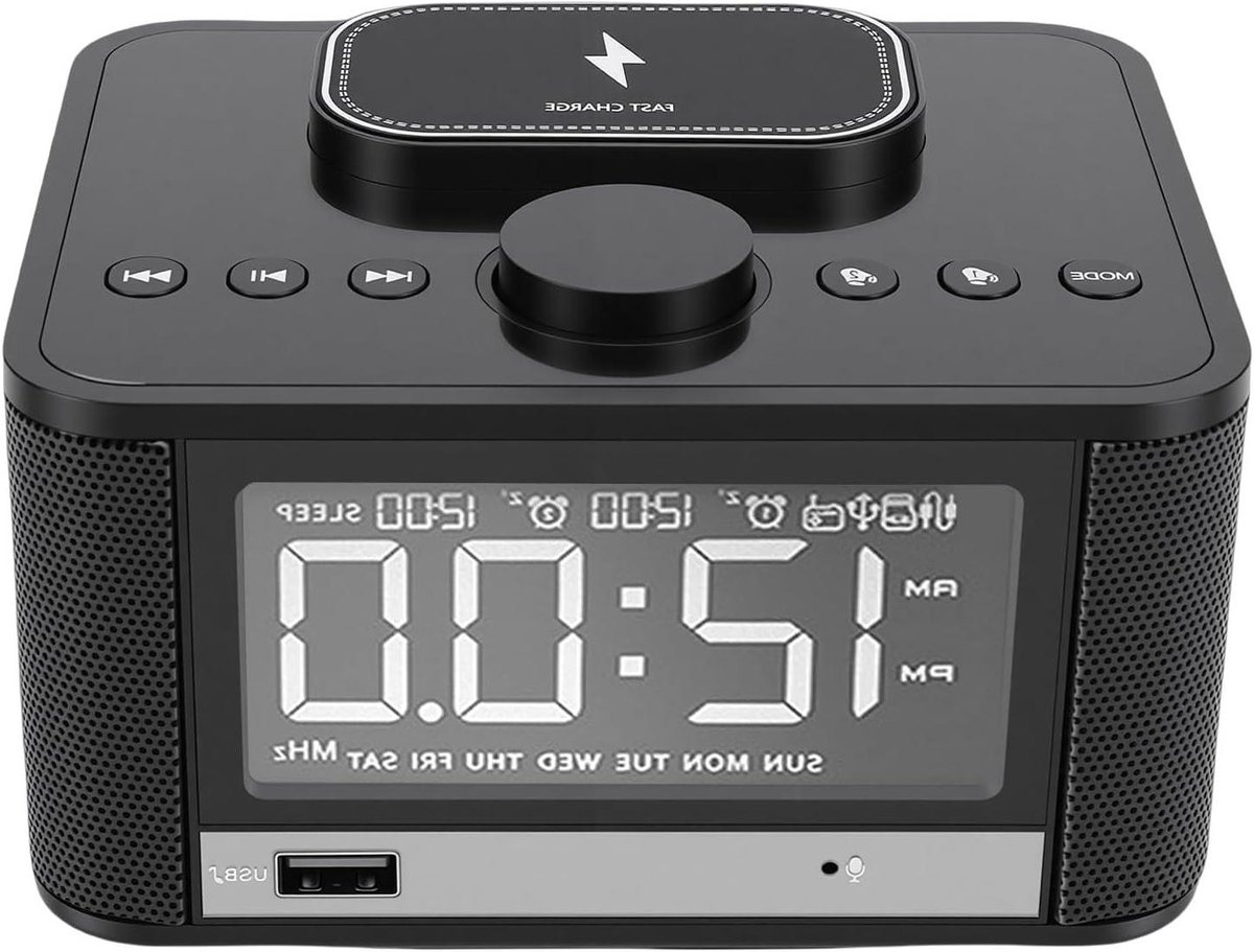 Luidspreker met Klok - Nachtkastje Radio - Muziek Luisteren - Draadloos Opladen - 18x14x11 cm - Zwart