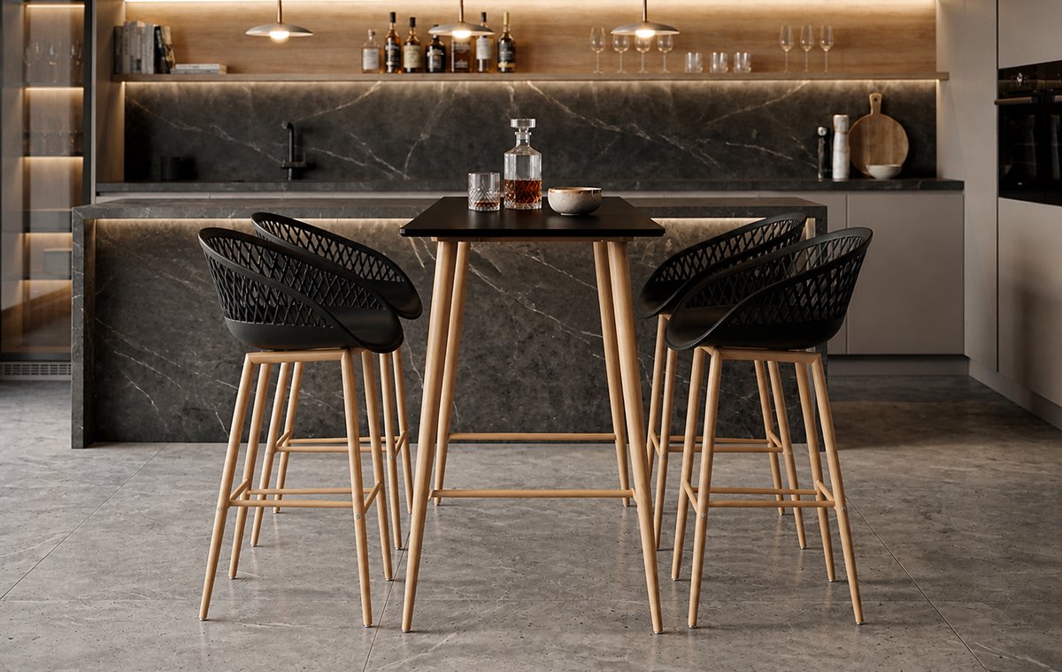 Moderne 5-delige Barset Zwart met Houtlook Accenten – Bartafel met 4 Barkrukken voor Keuken, Eetkamer en Horeca | Ganeey