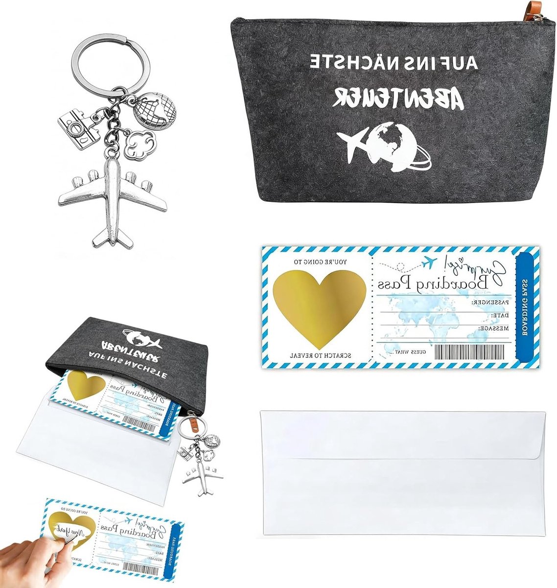 Reis Cadeauset voor Avontuurlijke Reizigers - Make-up Tas, Geluks Sleutelhanger en Reiskaarthouder