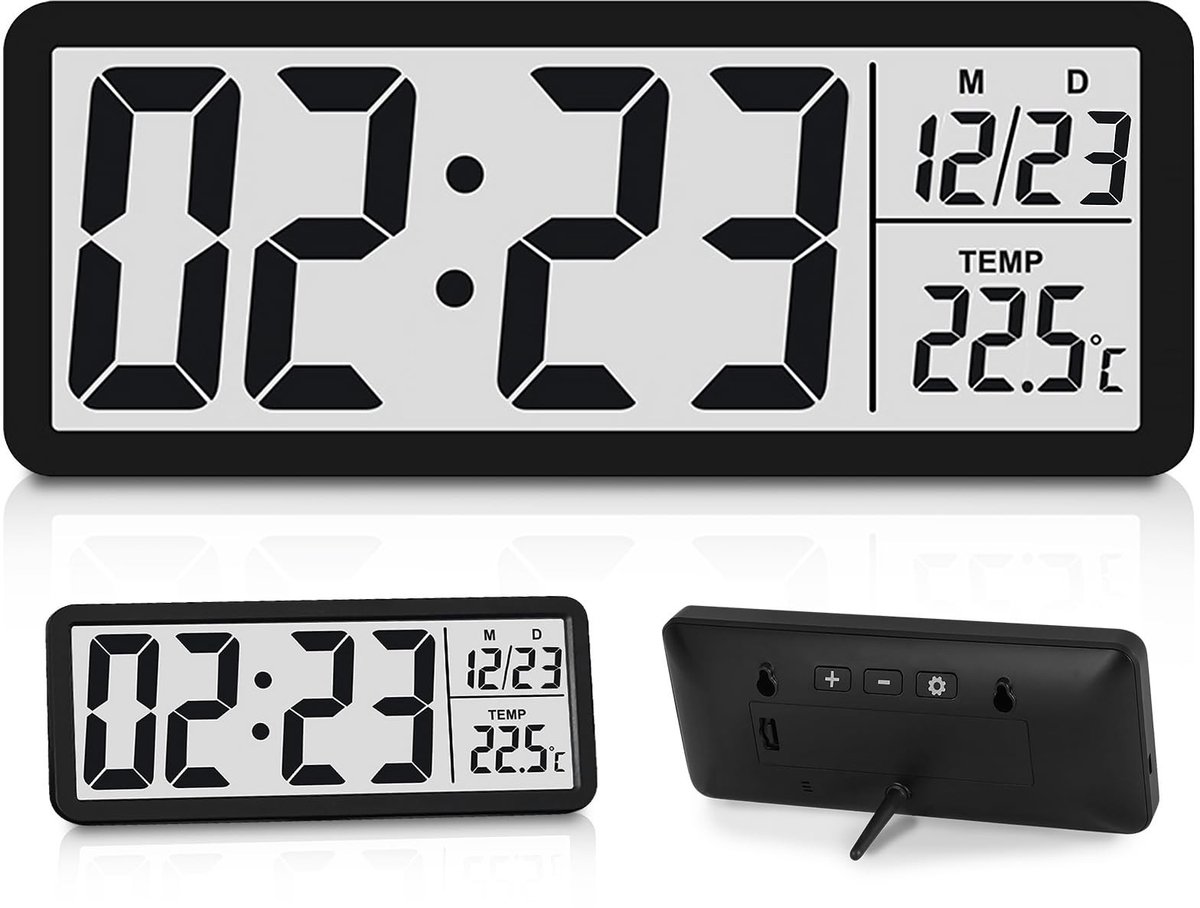 aladdien - Digitale Wandklok - Grote Cijfers - Temperatuur en Datum - Zwart - Batterij Dreven - Geschikt voor Woonkamer en Slaapkamer - Modern ontwerp