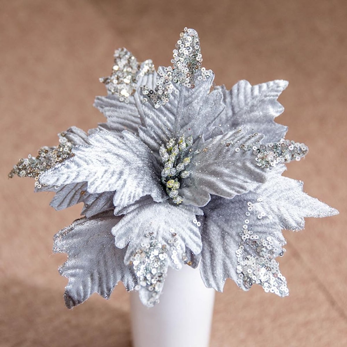 Set van 2 Handgemaakte Glitter Kerstbloemen - Decoratieve Kunstbloemen voor Kerstboom en Bruiloft - Zilver