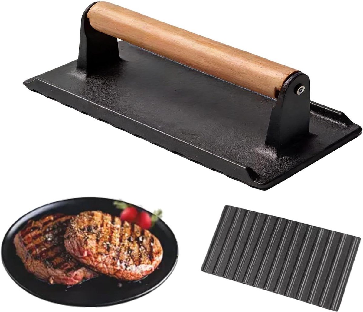 Spekpers Rechthoekig - Hamburgerpers Grill - Gelijkmatig Drukken - Houten Handvat - 218 cm - Zwart