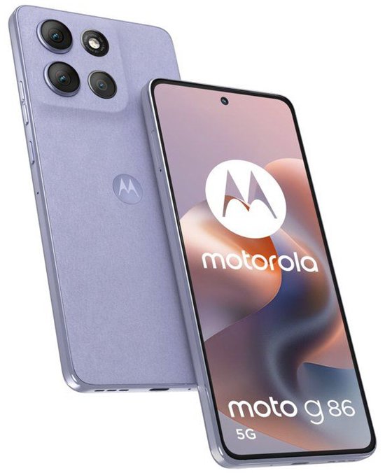 Motorola moto g 86 5G in Cosmic Sky (lila), schuin van voren gezien.
