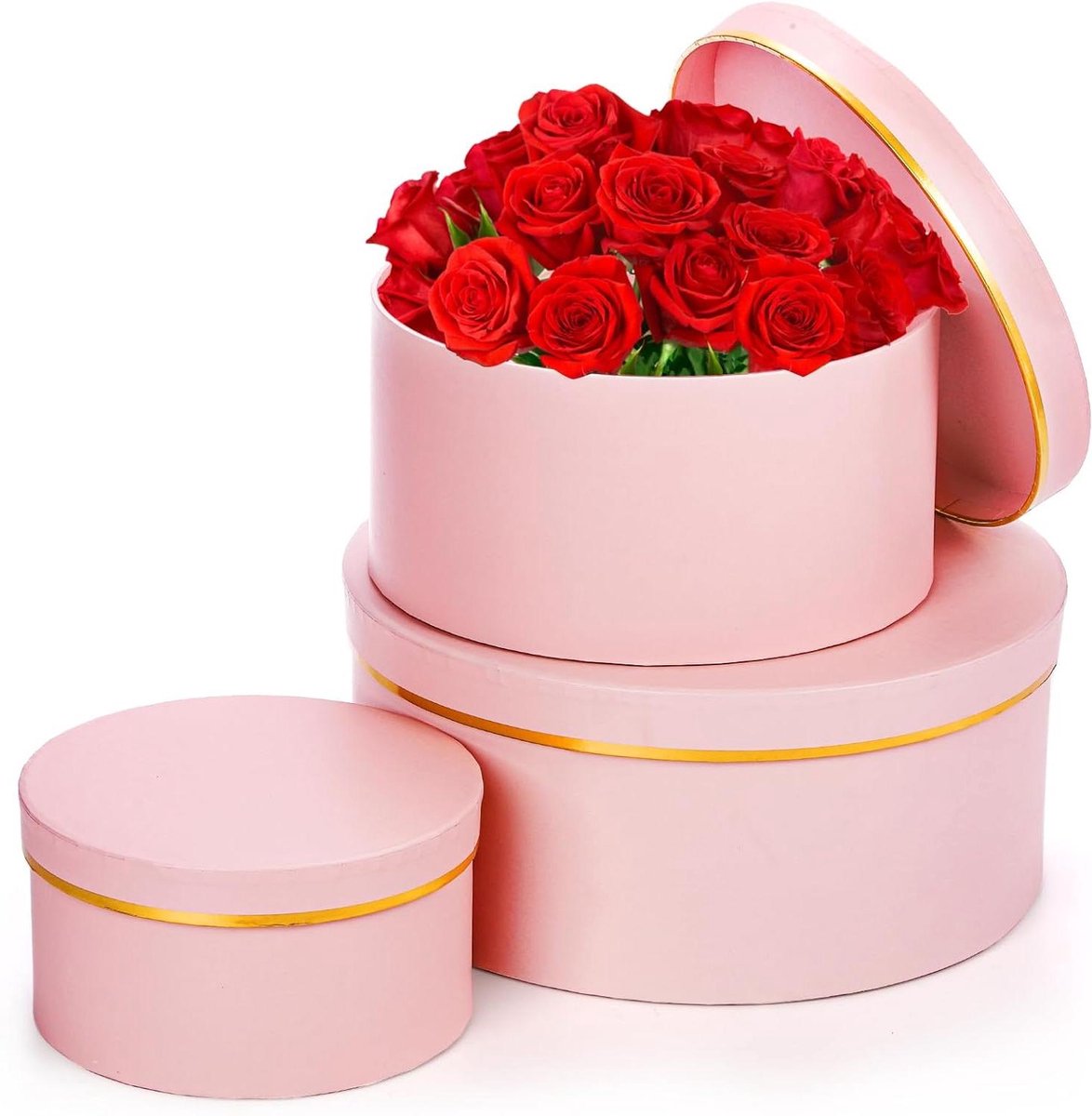 Ronde Geschenkdozen - Bloemendozen Feestdozen - Cadeaus Verpakken - Gouden Rand - 3 Maten - Roze