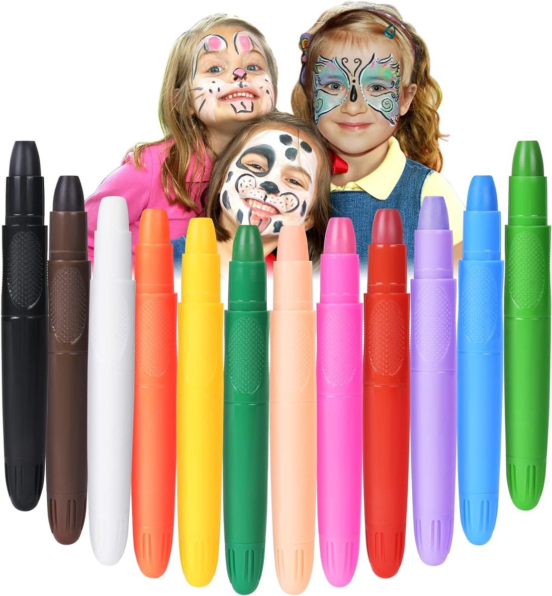 Kleurrijke Gezichtsverf voor Kinderen, 12 Stuks Veilige en Wasbare Verf Crayons voor Feestjes, Halloween, Cosplay en Creatieve Activiteiten