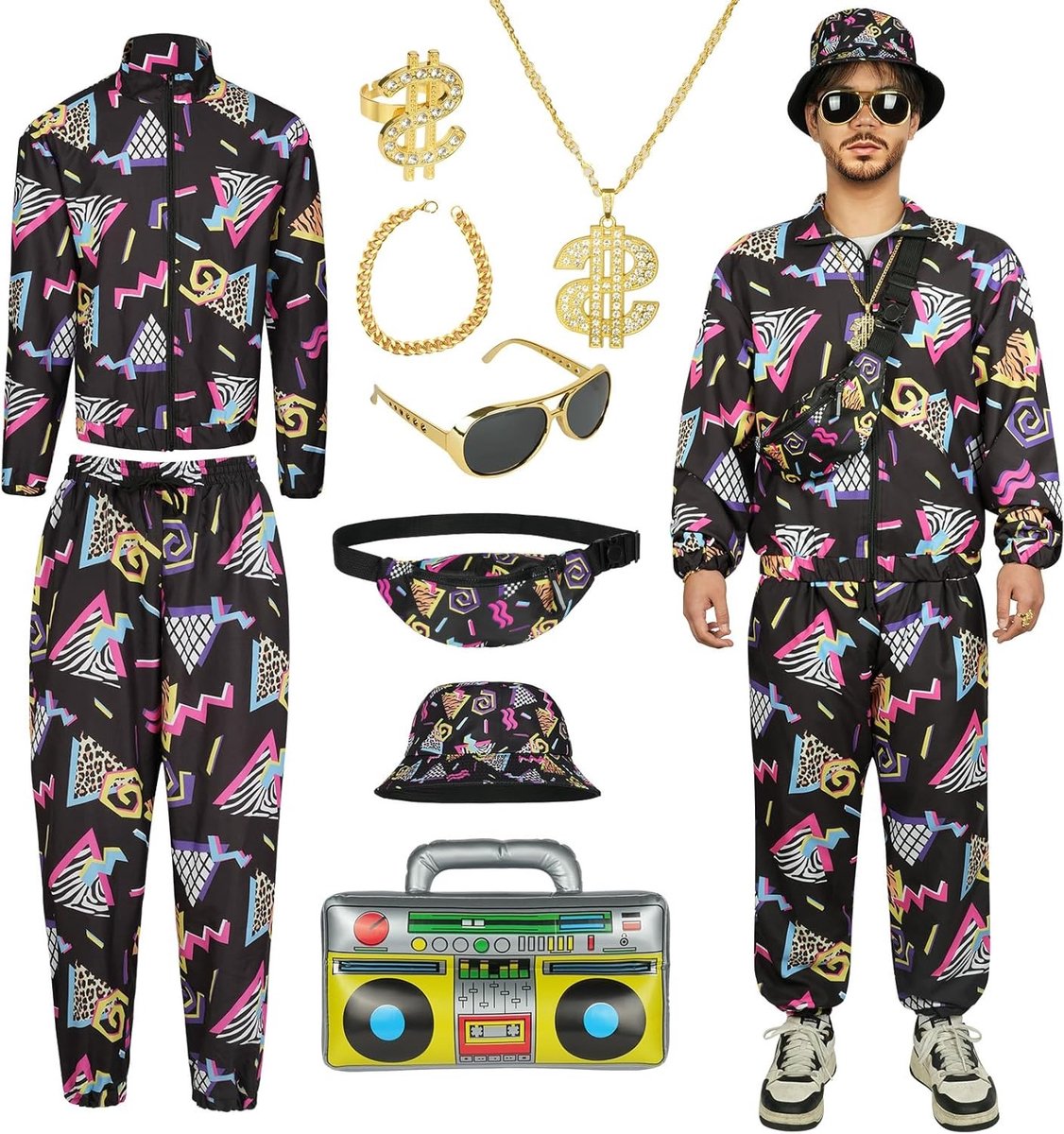 Complete Disco Kostuum Set voor 70s Feest - 9-delig Outfit met Shirt, Broek, Hoed, Riem, Tas, Sieraden en Zonnebril voor een Retro Look