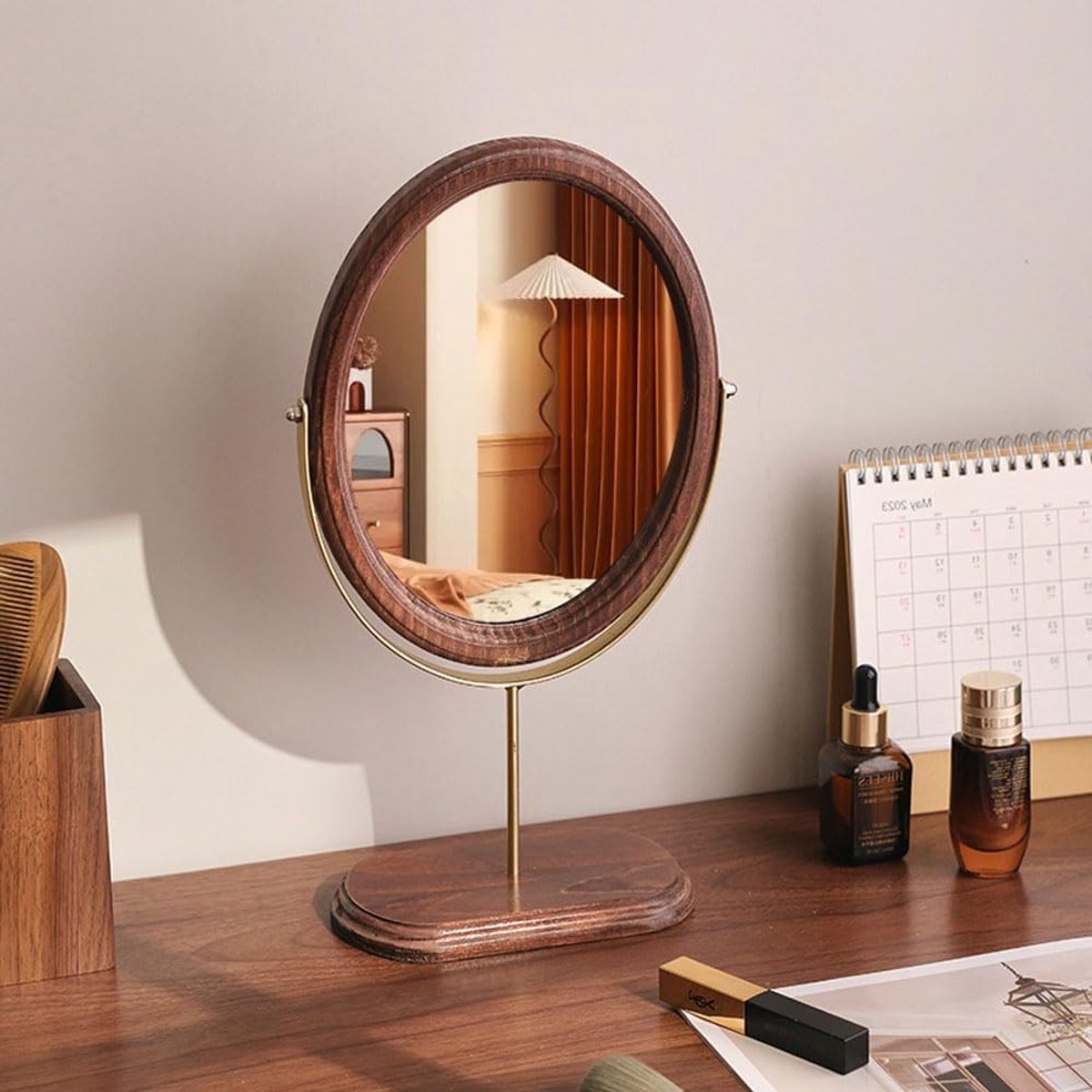 Stijlvolle Houten Tafelspiegel met Stand - Ovalen Make-up Spiegel voor Badkamer en Make-up Tafel