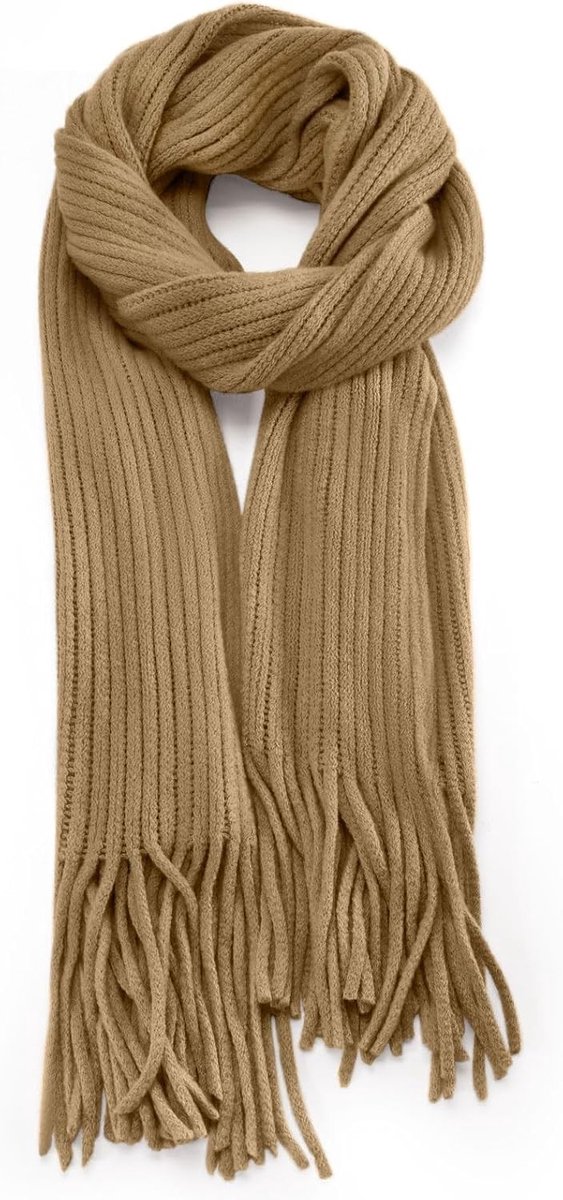 Dikke gebreide wol sjaal en deken met franjes, zachte en stijlvolle winteraccessoire voor dames in khaki, One size, perfect voor warmte en comfort