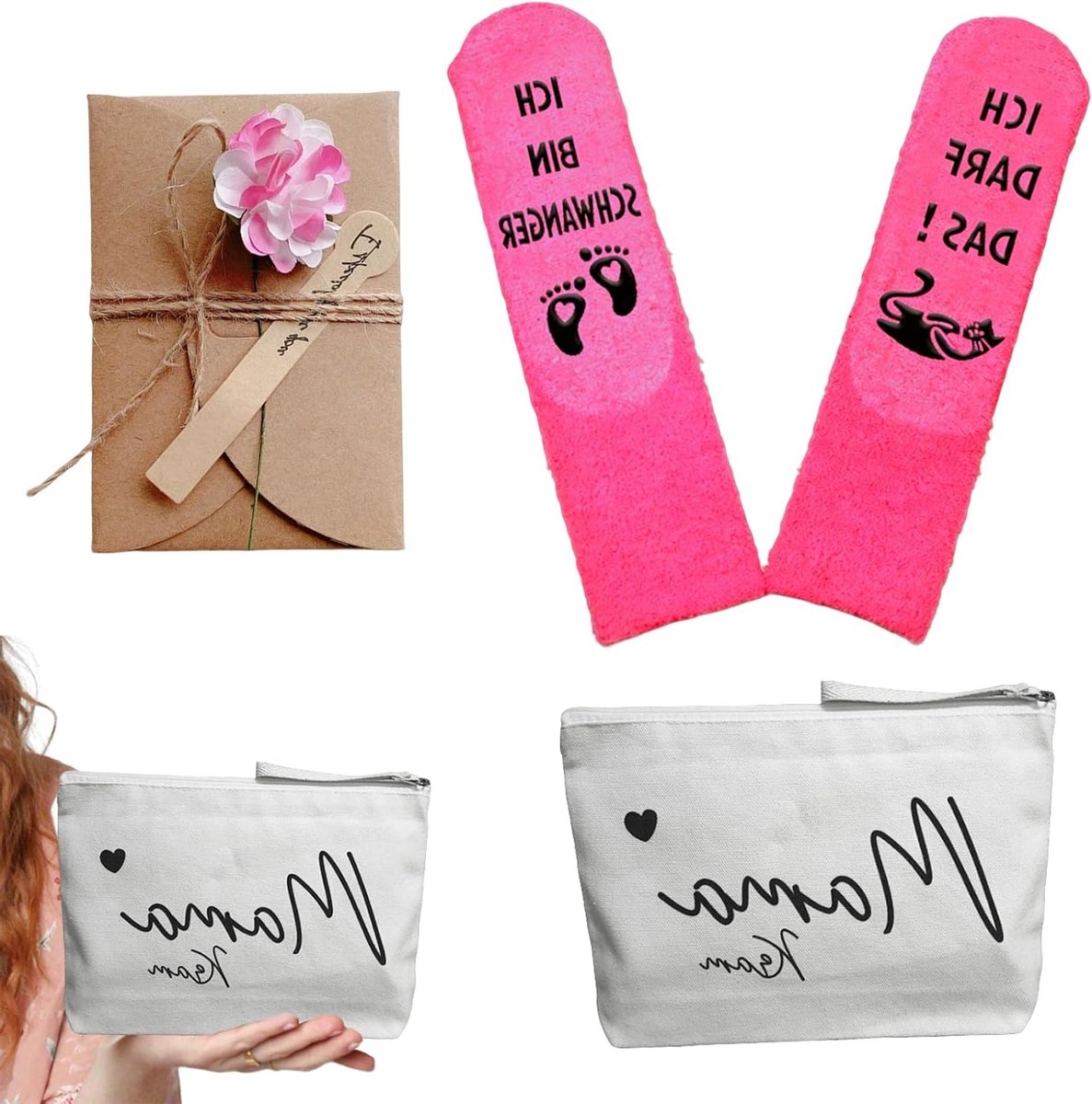Cadeauset voor aanstaande moeders | Inclusief canvas make-up tas, zachte sokken en bloemenkaart | Perfect zwangerschapscadeau voor de toekomstige moeder