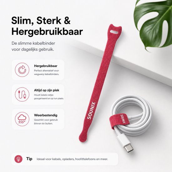 Rode herbruikbare kabelbinder met kattenoortjes, met Sounix logo, om een witte kabel opgerold te houden.
