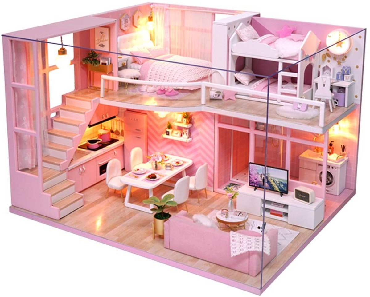Allecto - Houten Poppenhuis - Miniatuur DIY Kit - Creatieve Speelset - Geschikt voor Meisjes - Leuk voor Kinderen - Inclusief Meubels