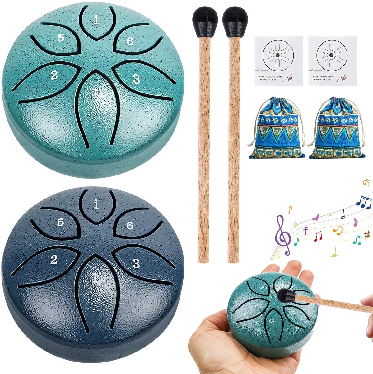 Allecto - Steel Tongue Drum Set - 2 Stuks - Mini Rain Drum voor Meditatie - 7.5 cm - Muziek - Geluidservaring voor Ontspanning - Geschikt voor Begi..