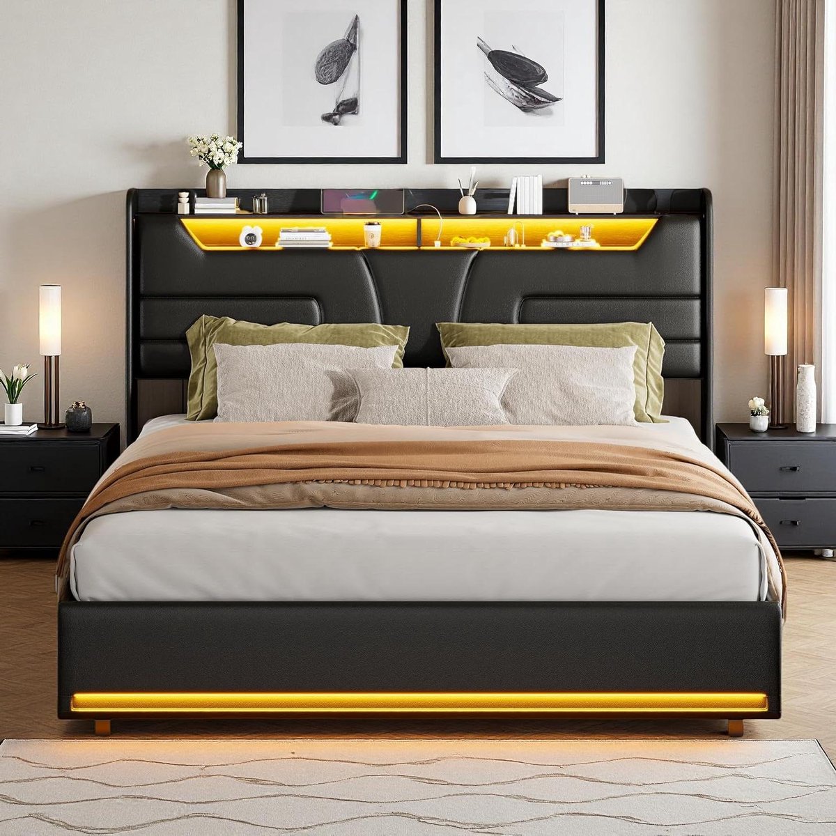 Gestoffeerd Bed - Dubbelbed Frame - Opbergen Slaapkamer - Met LED en USB - 160 x 200 cm - 