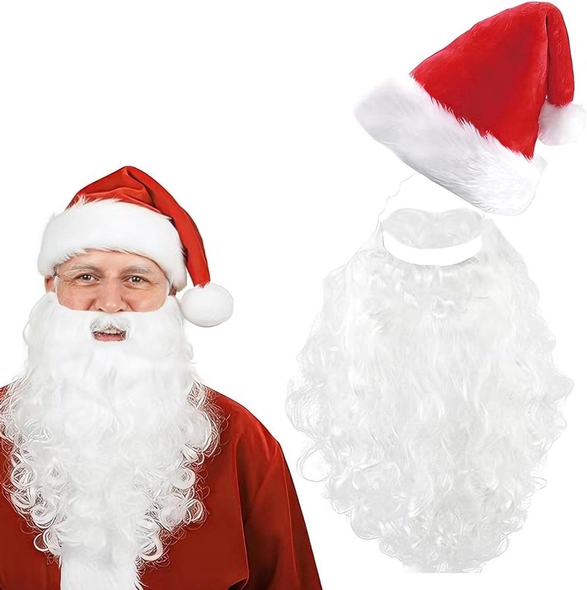 Volledige Santa Claus Kostuum voor Volwassenen met Elastische Baard en Santa Hoed voor Themafeesten en Podiumoptredens, 45 cm Lange Baard