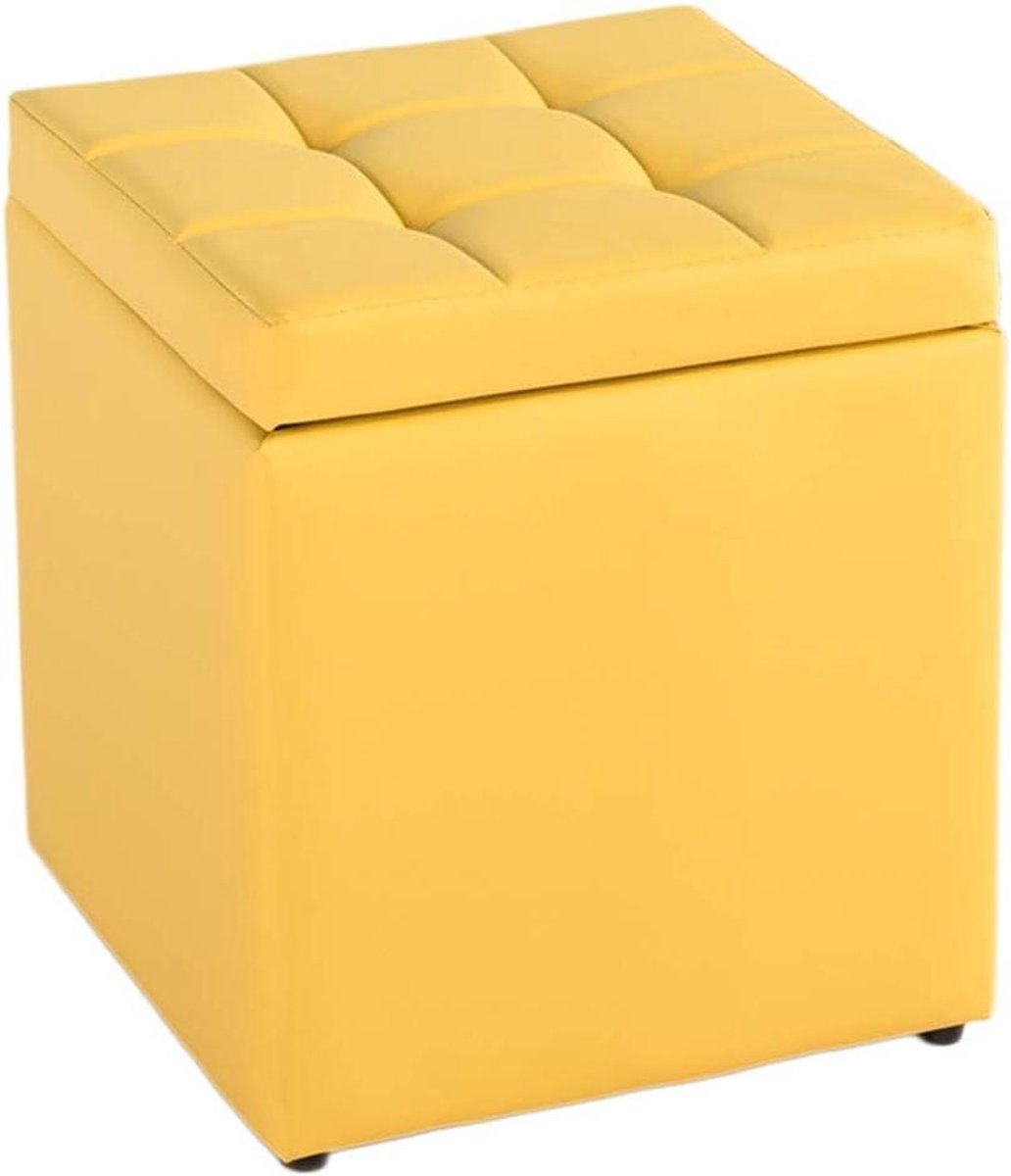 Vierkante Poef - Opbergkruk - Extra Zitten - Scharnierend Deksel - 30 x 30 x 35 cm - Geel