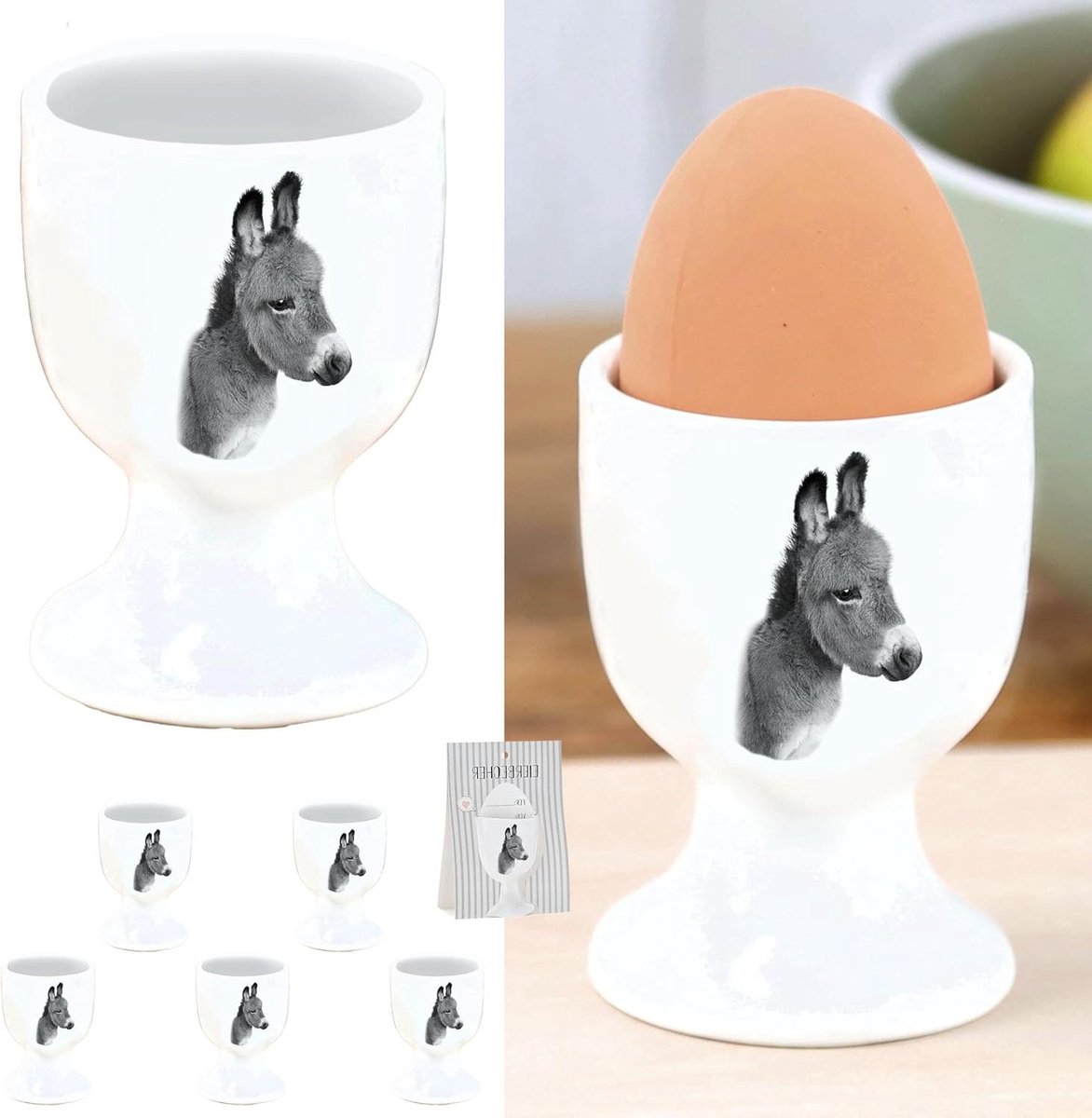 Eierdopjes set - Ezelkop houder - Ontbijt serveren - Decoratief diermotief - Set van 6 - Wit