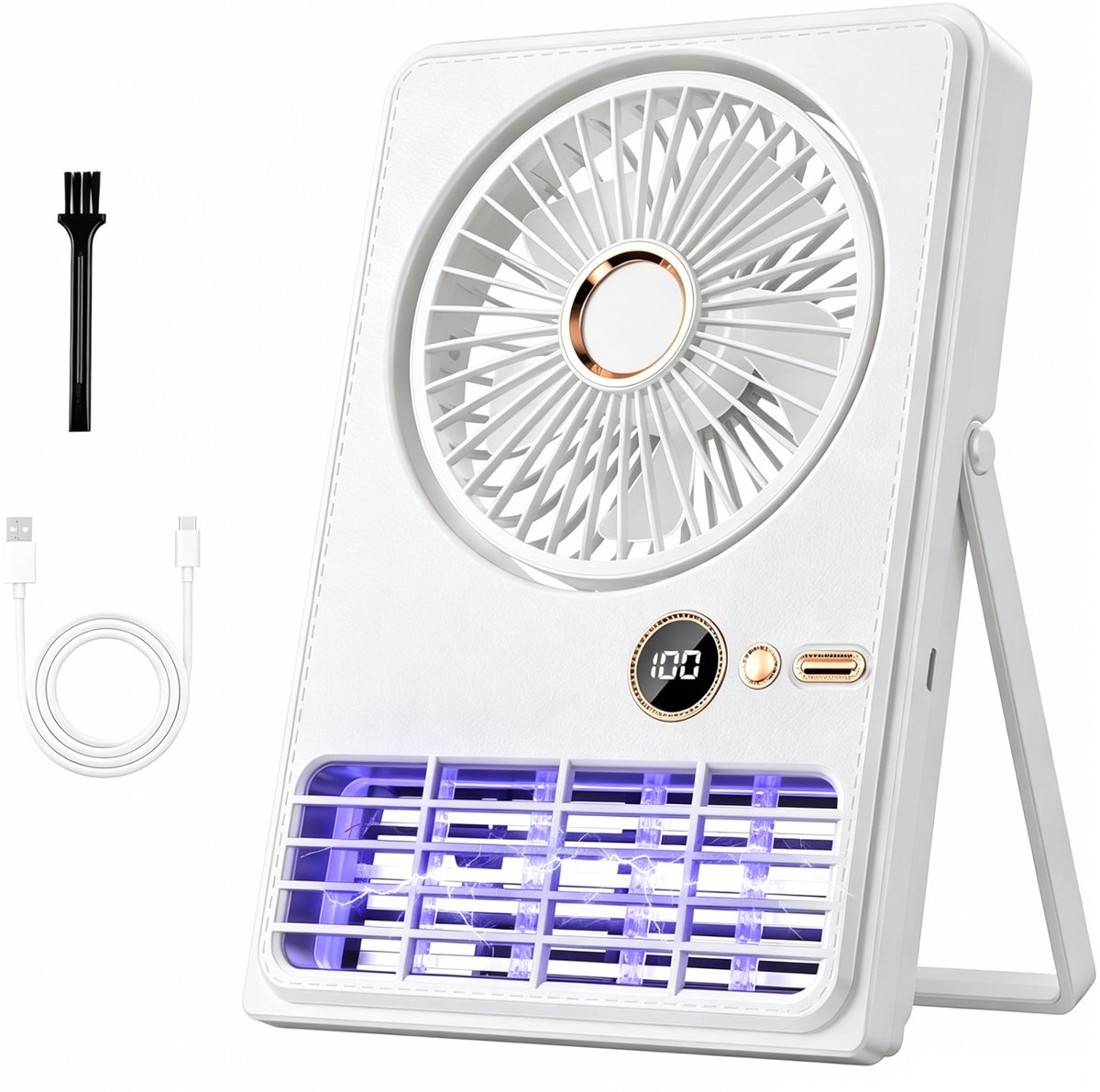 Tafelventilator-draagbare ventilator-bureau ventilator-buiten ventilator-draagbare oplaadbare ventilator - Ventilator met muggenlamp - 90° kantelbaar en inklapbaar - 5 instelbare snelheden - Geschikt voor bureaus, slaapkamers en kamperen - wit