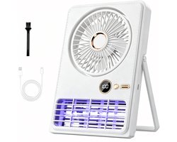 Tafelventilator-draagbare ventilator-bureau ventilator-buiten ventilator-draagbare oplaadbare ventilator - Ventilator met muggenlamp - 90° kantelbaar en inklapbaar - 5 instelbare snelheden - Geschikt voor bureaus, slaapkamers en kamperen - wit